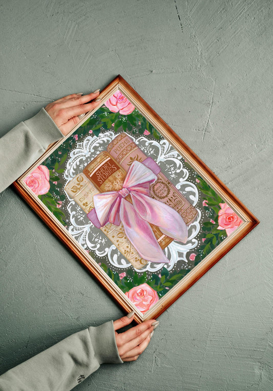 Pink Bow and Books Art Print / Card / Postcard | Romantic Gift for Her | Booklover | Cottagecore Art