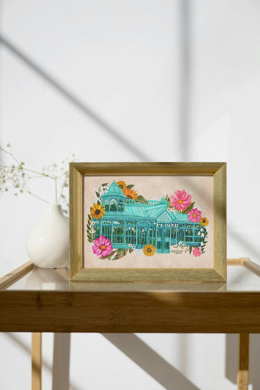 Gouache Greenhouse Art Print – Teal Greenhouse with Sunflowers & Pink Flowers | Whimsical Botanical Wall Art |
