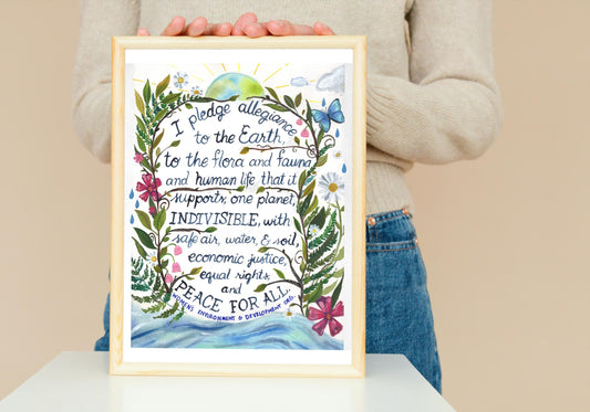 Earth Day Watercolor Art Print “Pledge to the Earth” – Eco-Inspired Wall Decor, Nature Quote, Planet Lover Gift, Hand-Painted Illustration