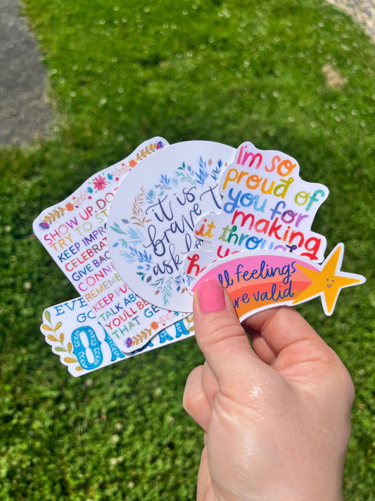 Gift Ready Self-Care Sticker Pack • Mental Health Affirmation Vinyl Decals  •  Inspirational Watercolor Quotes