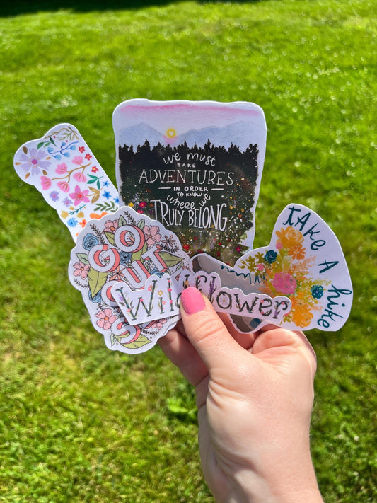 Adventure & Wildflower Sticker Pack • Water Color and Gift Ready Hiking Quotes + Blooming Flowers • Nature Wanderlust