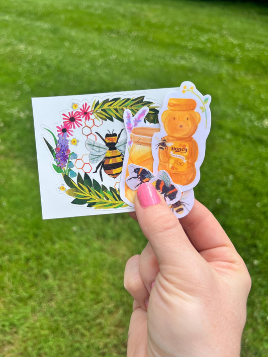 Gift Ready Watercolor Honey Bee Sticker Set- Bumble Bee - Honey Jar & Bee Decals for Laptops, Journals, Waterbottle | Beekeeper | Naturalism