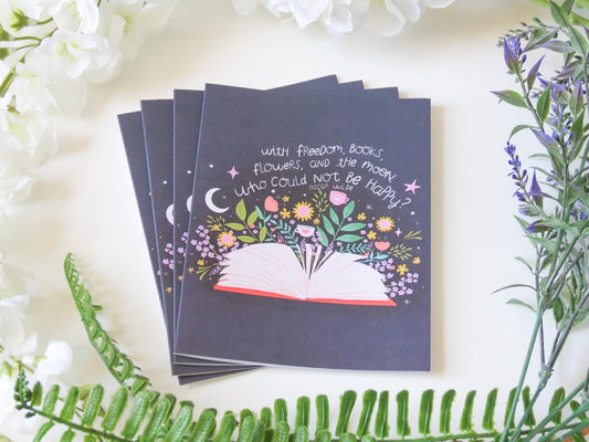 Oscar Wilde Quote Greeting Card “With Freedom, Books, Flowers…” – 4.25×5.5 Blank Card, Pack of 4/8/12 with Flower & Star Inside Detail