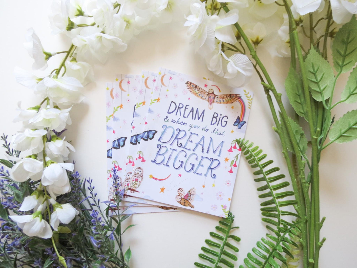 Dream Big Watercolor Inspirational Quote Blank Greeting Cards – Pack of 4/8/12 with Tiny Inside Details and Envelopes