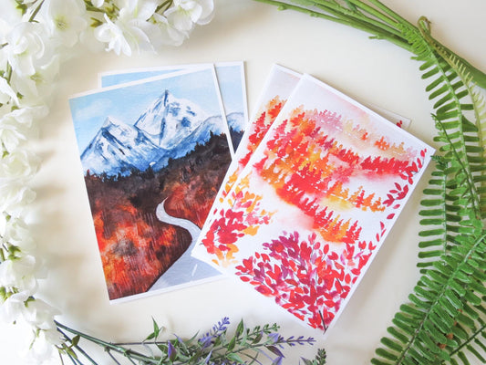 Watercolor Unique Autumn Road Blank Greeting Cards 5×7 – Pack of 4/8/12 Landscape Note Cards with Envelopes – Fall Stationery