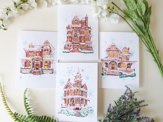 Victorian Gingerbread House Blank Greeting Cards 5×7- Packs of 4/8/12, Winter Wonderland and Holiday Cards with Envelopes- Watercolor Design