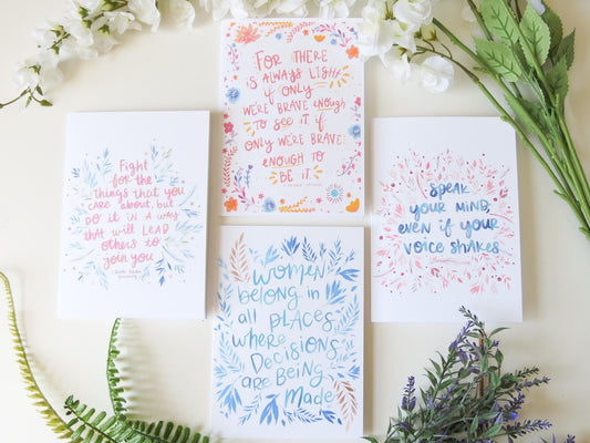 Feminist Empowerment Quote Cards 5×7 – Packs of 4/8/12, Blank Inside, “Women belong…,” “Speak your mind…” Inspirational Greeting Cards