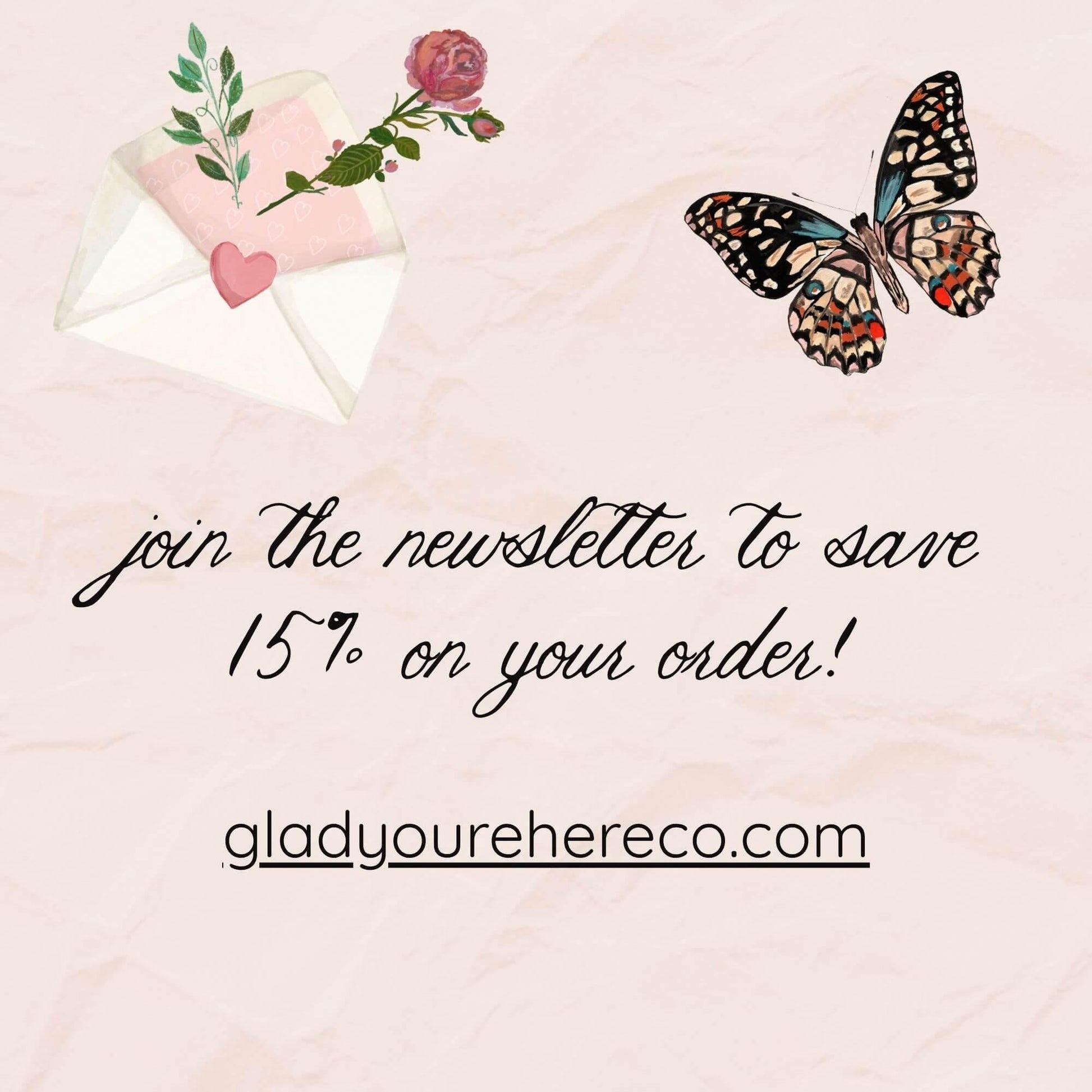 Promotional graphic with a butterfly, envelope, and rose on a light pink background, featuring text to join a newsletter.