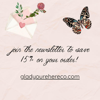 Promotional graphic with a butterfly, envelope, and rose on a light pink background, featuring text to join a newsletter.