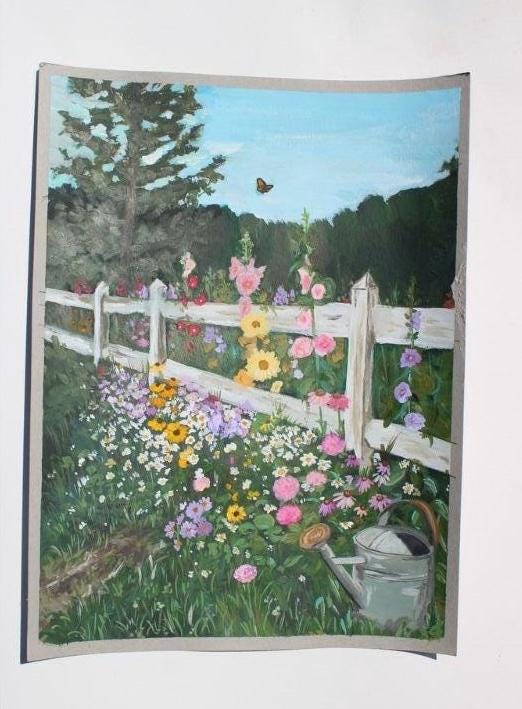 Garden scene with flowers, a fence, and a watering can on a white background