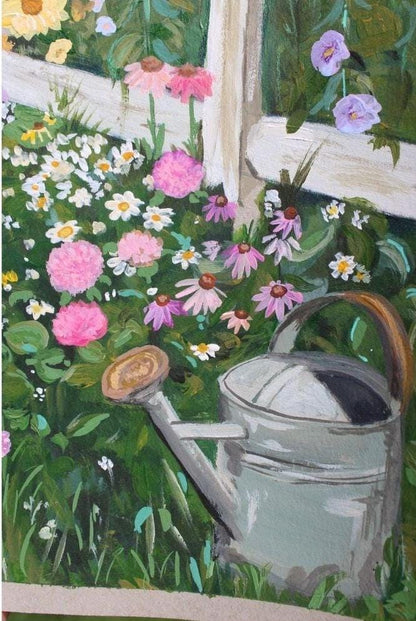 Painting of a watering can and flowers in a garden