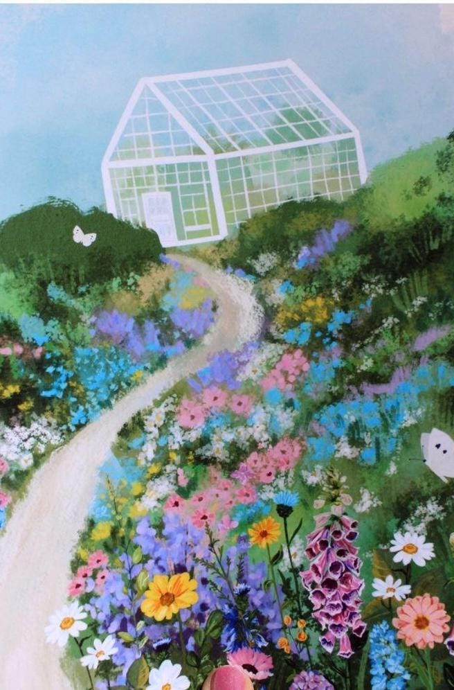 Colorful garden with a greenhouse on a hillside