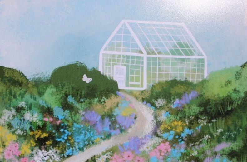 Illustration of a greenhouse surrounded by lush greenery and flowers