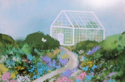 Illustration of a greenhouse surrounded by lush greenery and flowers