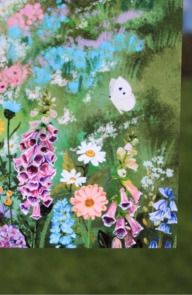 Colorful floral painting with a butterfly on a green background