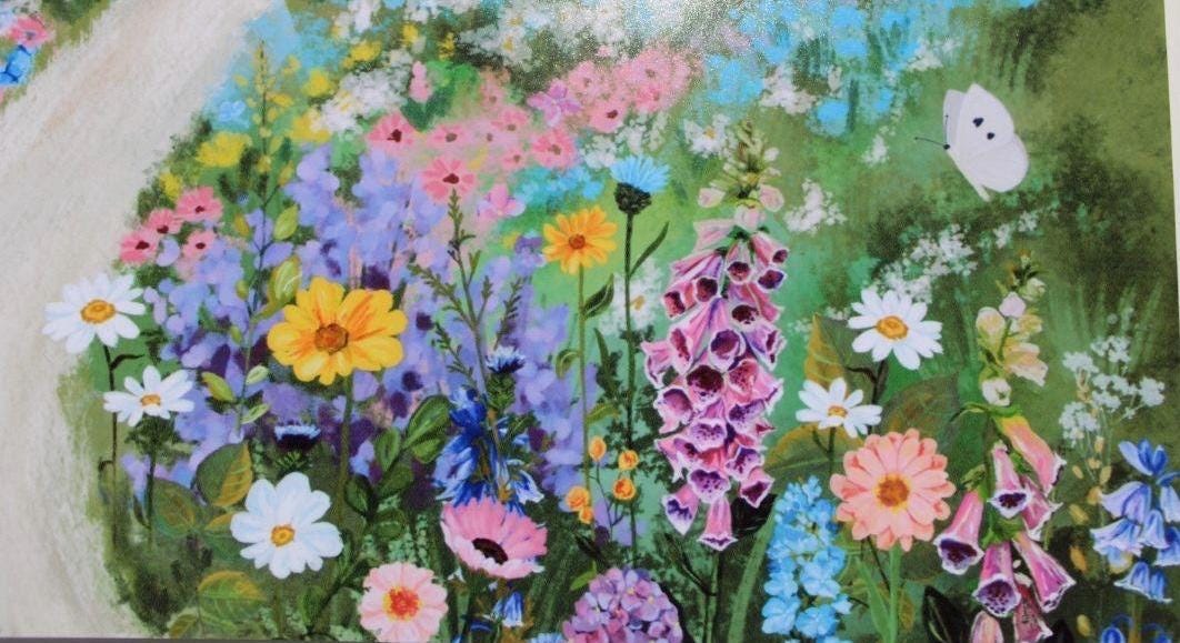 Colorful painting of a garden with various flowers on a textured surface.