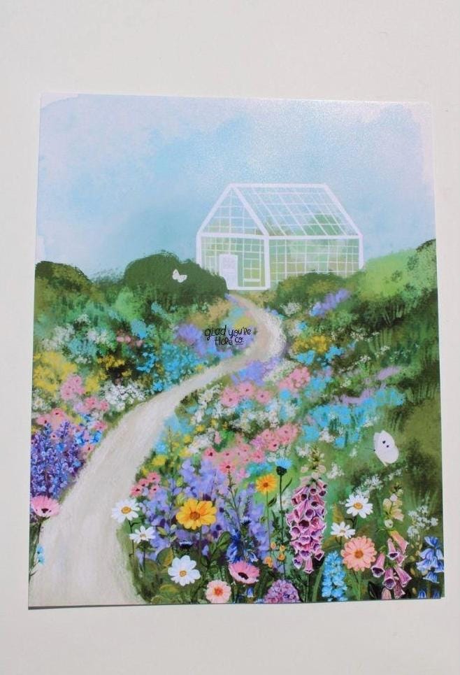 Illustration of a garden path leading to a greenhouse with colorful flowers on a white background