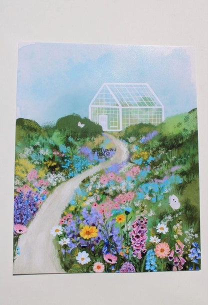 Illustration of a garden path leading to a greenhouse with colorful flowers on a white background