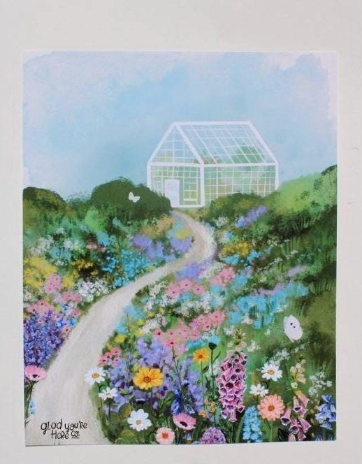 Greeting card with a colorful garden and greenhouse illustration.
