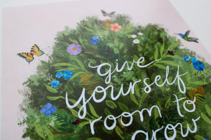 Card with greenery, flowers, butterflies, and text 'Give yourself room to grow' on a white background.