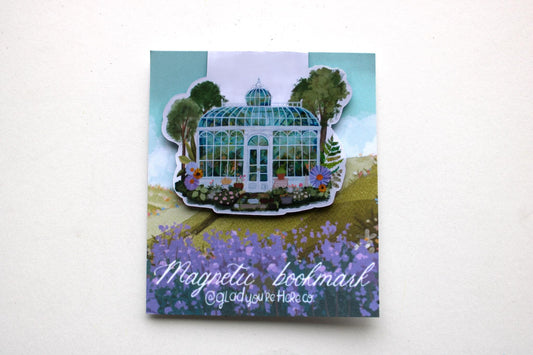 Gardening-themed bookmark with a greenhouse illustration on a white background