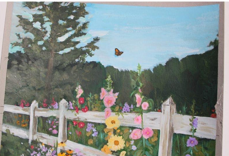 Painting of a garden with flowers, a fence, and trees on a white background