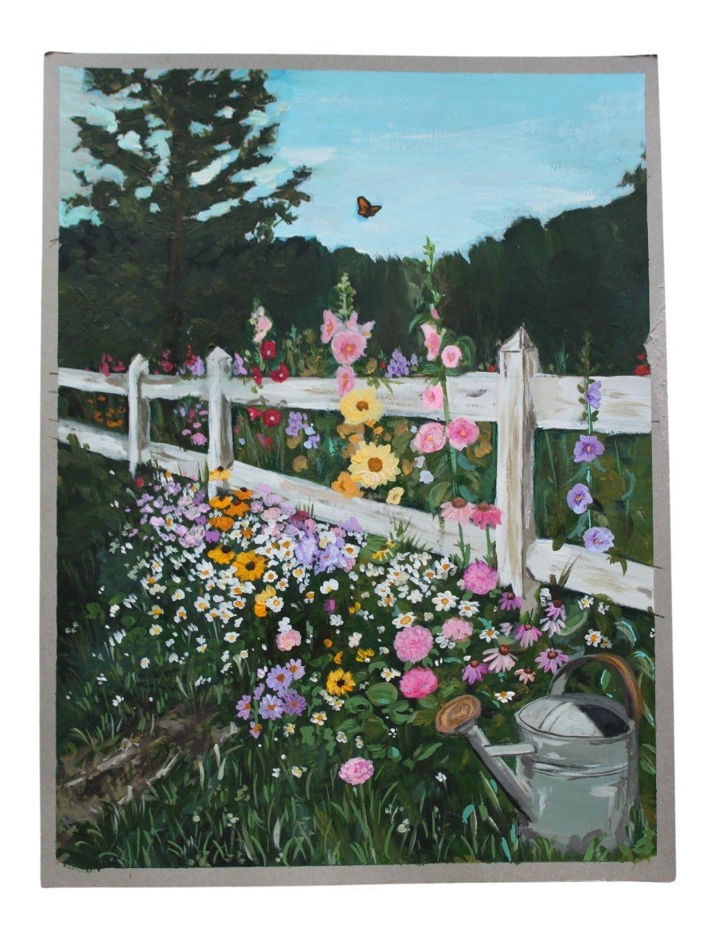 Painting of a garden with flowers, a white picket fence, and a watering can.