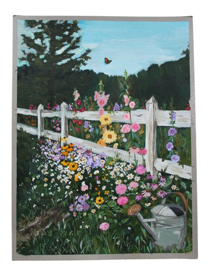 Painting of a garden with flowers, a white picket fence, and a watering can.
