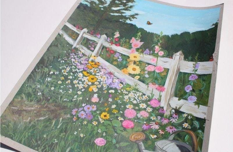 Painting of a garden with flowers and a white picket fence.