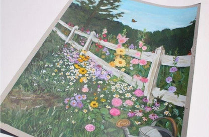 Painting of a garden with flowers and a white picket fence.