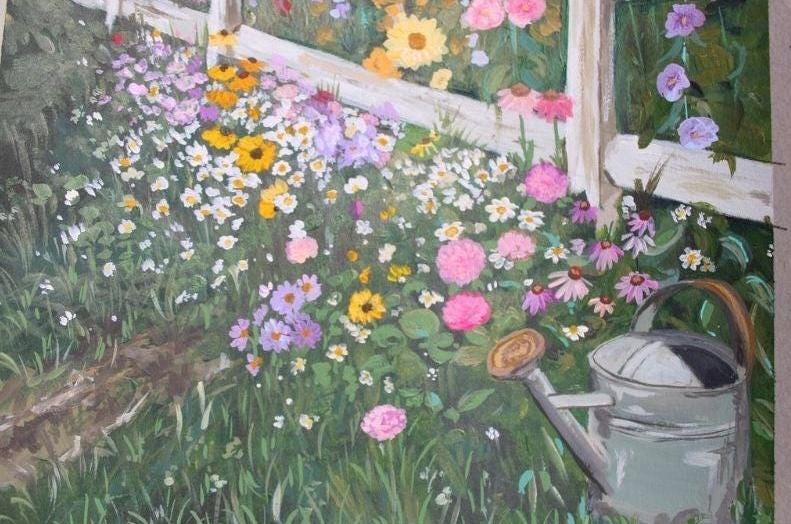 Colorful garden scene with flowers and a watering can.