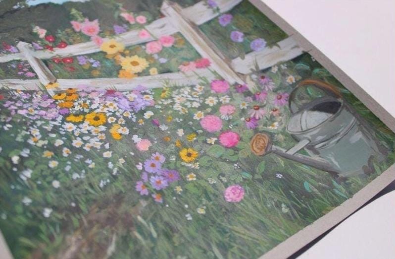 Colorful garden scene with flowers and a watering can on a textured surface.