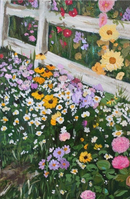 Colorful garden scene with flowers and a wooden fence