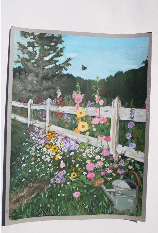 Painting of a garden scene with flowers, a fence, and a watering can.