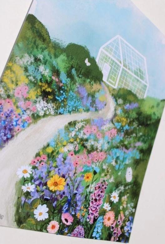 Colorful garden scene with flowers and a greenhouse.