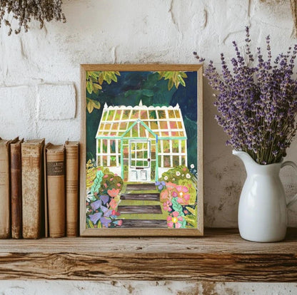 Framed collage of a colorful greenhouse on a wooden shelf with books and a vase of lavender.