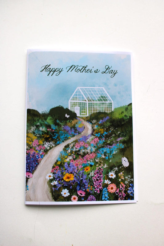 Greeting card with a garden scene and greenhouse, featuring 'Happy Mother's Day' text.