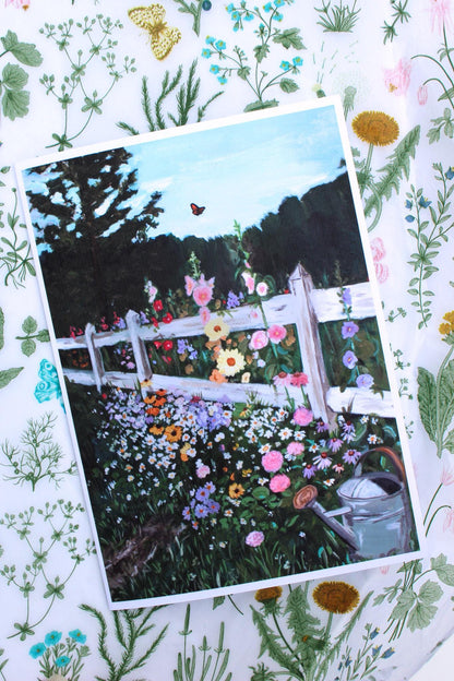 Garden scene with flowers and a white fence on a decorative floral background