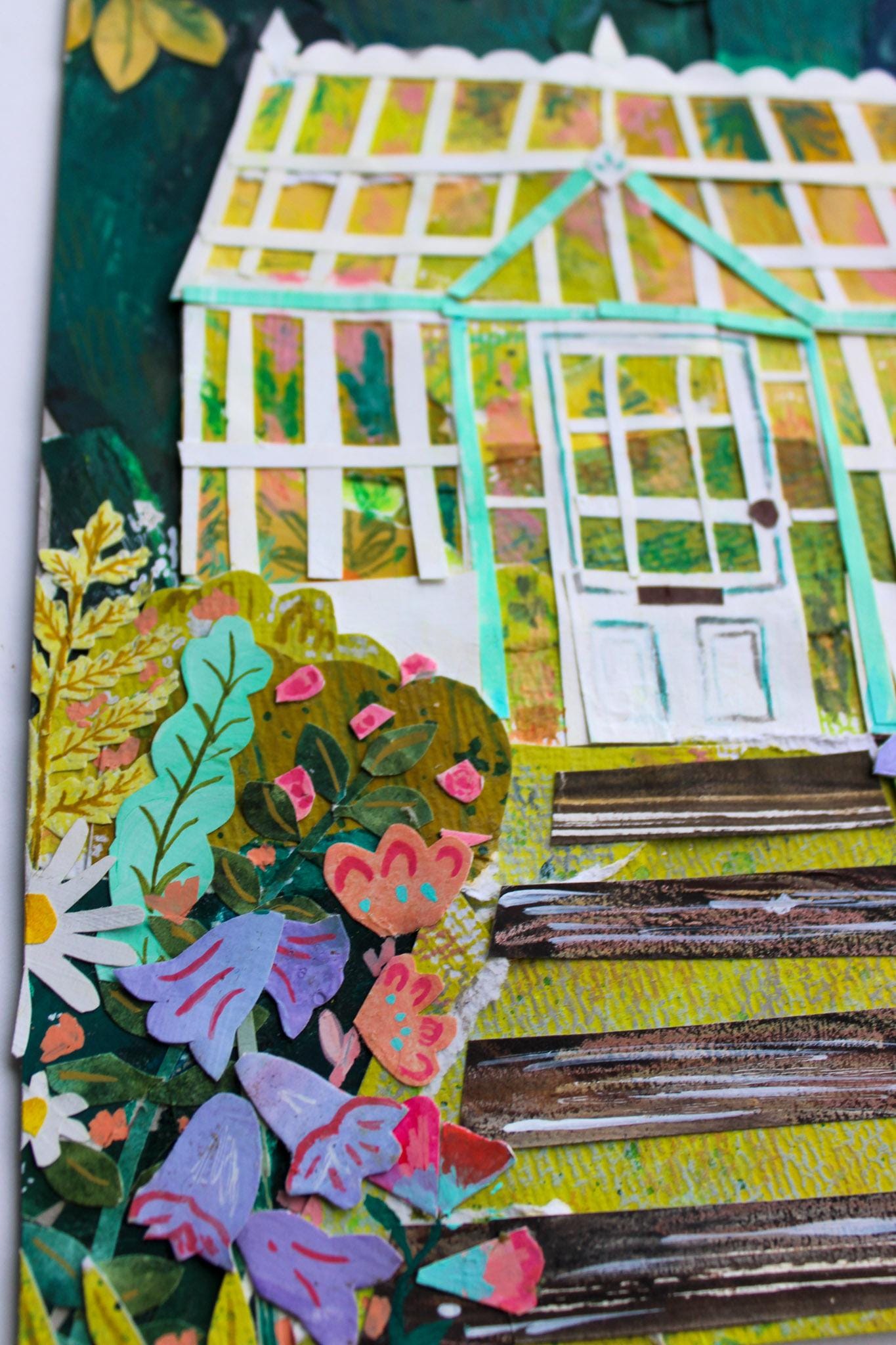 Colorful illustration of a greenhouse with flowers and plants