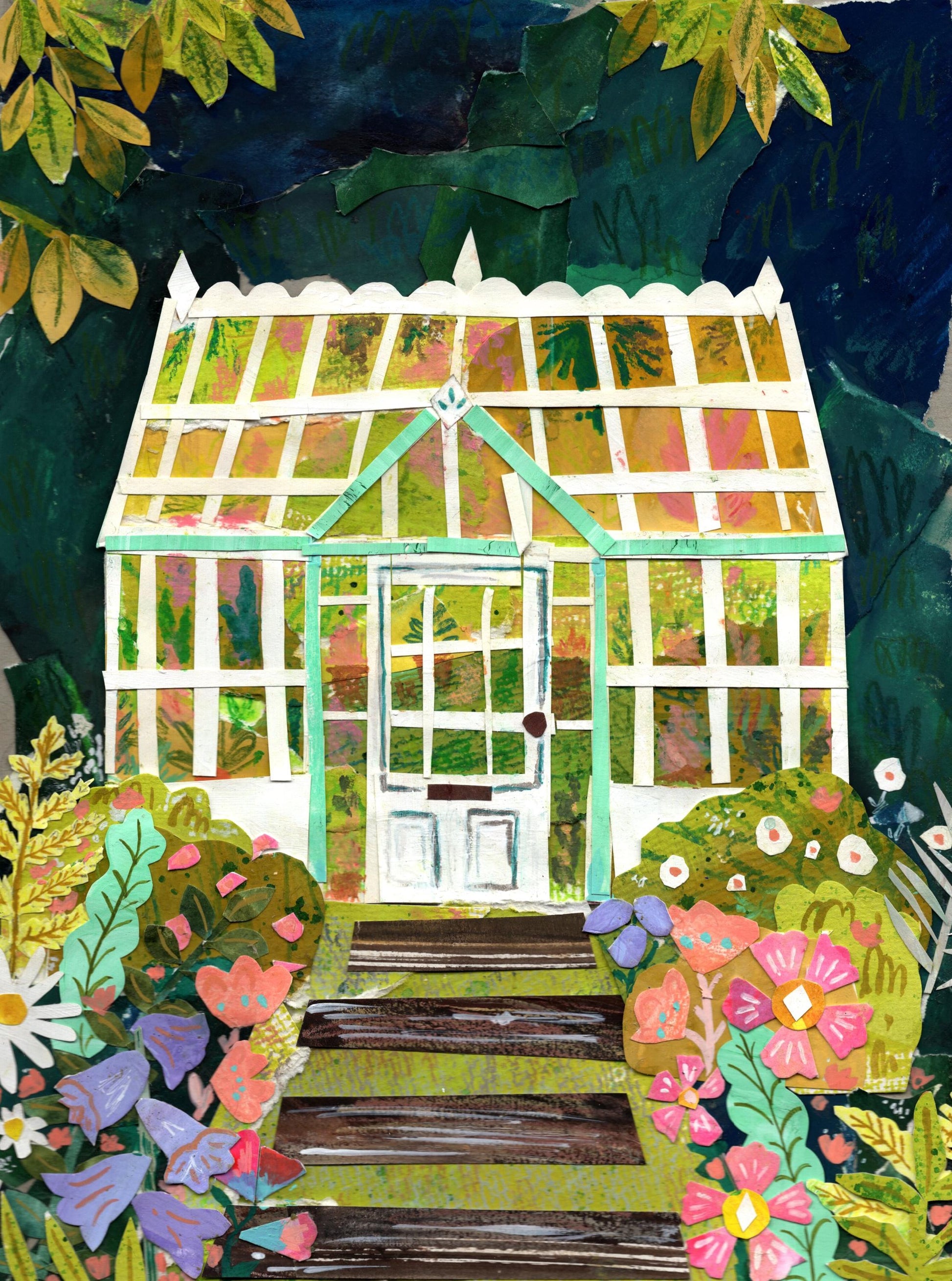 Colorful illustration of a greenhouse surrounded by flowers and plants
