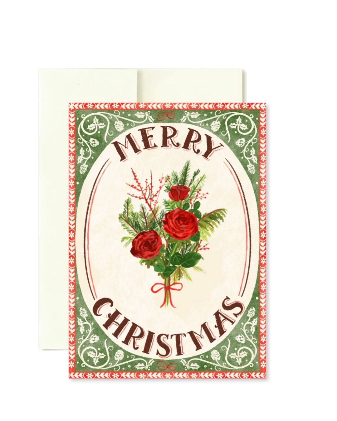A vintage-style Christmas greeting card with an envelope behind it. The card features the words “MERRY CHRISTMAS” in arched brown lettering around a bouquet of red roses, green foliage, and berries, set within an oval frame with a decorative red and green border.