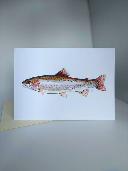 A white greeting card featuring a detailed watercolor illustration of a rainbow trout, displayed on a neutral gray surface with a beige envelope partially visible underneath.