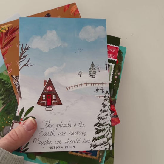 Video of 8 month of postcard artwork for Wild Petals Postal Service, a snail mail club for deep feelers