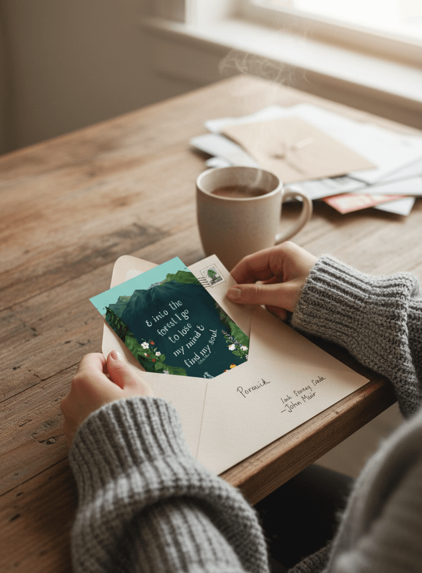 Person holding a card with a cup of coffee on a wooden table