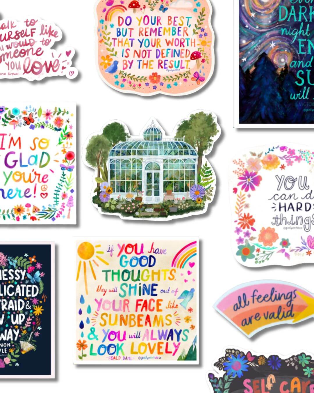 A collage of multiple colorful inspirational quote sticker arranged on a white background. The designs include floral borders, watercolor-style illustrations, and handwritten-style text such as 'You are loved,' 'Your worth is not defined by the result,' 'You can do hard things,' and 'All feelings are valid.