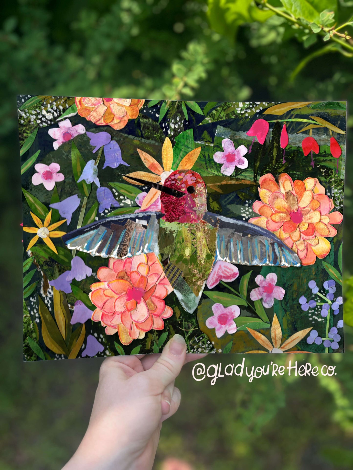 Hummingbird Garden Collage Art Print | Nature-Inspired Mixed Media Wall Decor, Botanical Hummingbir Illustration, Blooming Garden Art