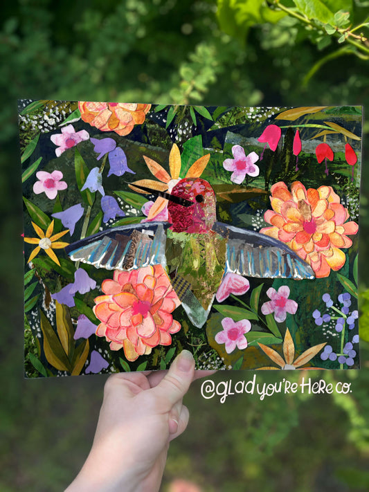 Hummingbird Garden Collage Art Print | Nature-Inspired Mixed Media Wall Decor, Botanical Hummingbir Illustration, Blooming Garden Art