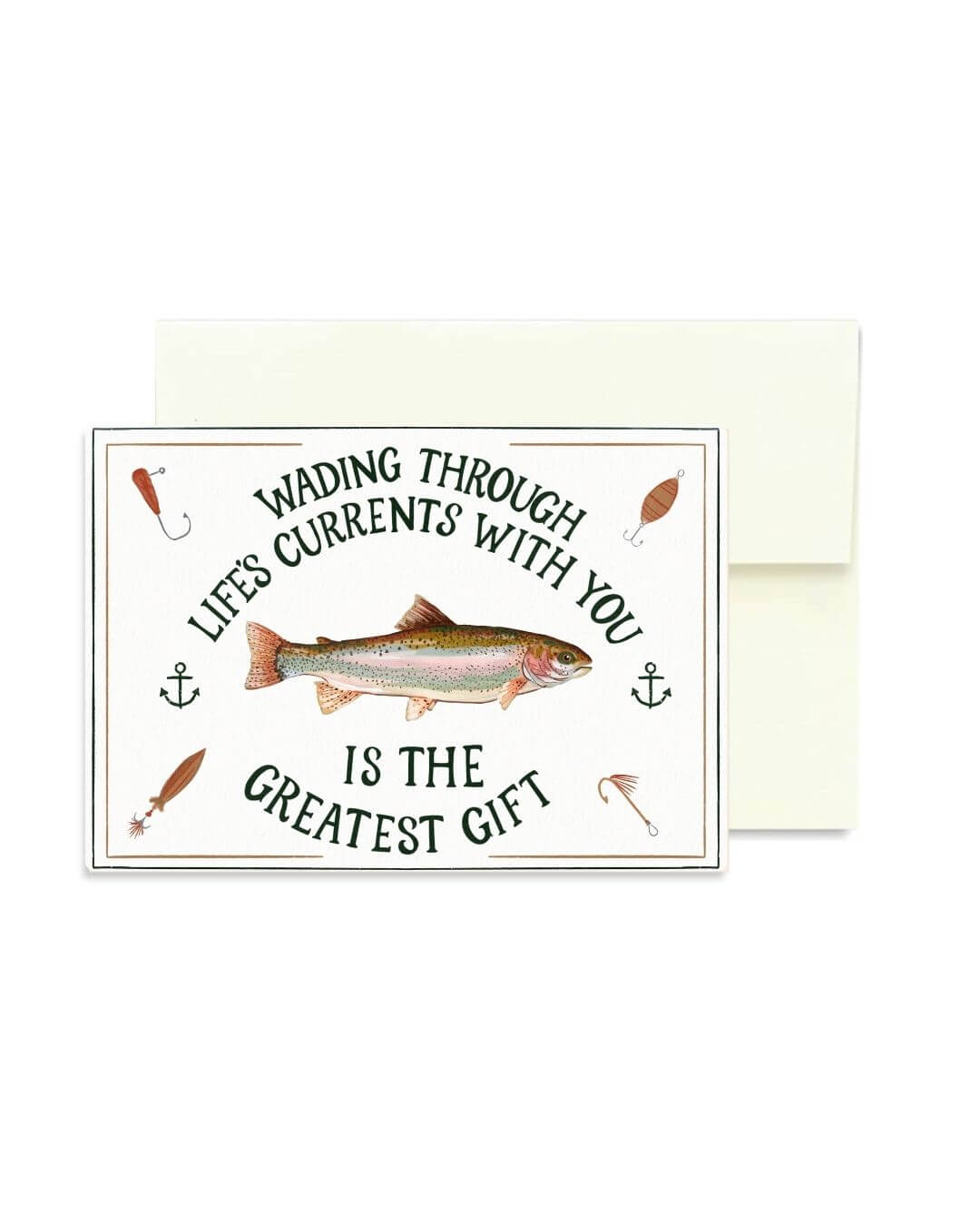 A square greeting card with a white envelope behind it, featuring a fish illustration and the text 'WADING THROUGH LIFE'S CURRENTS WITH YOU IS THE GREATEST GIFT'.